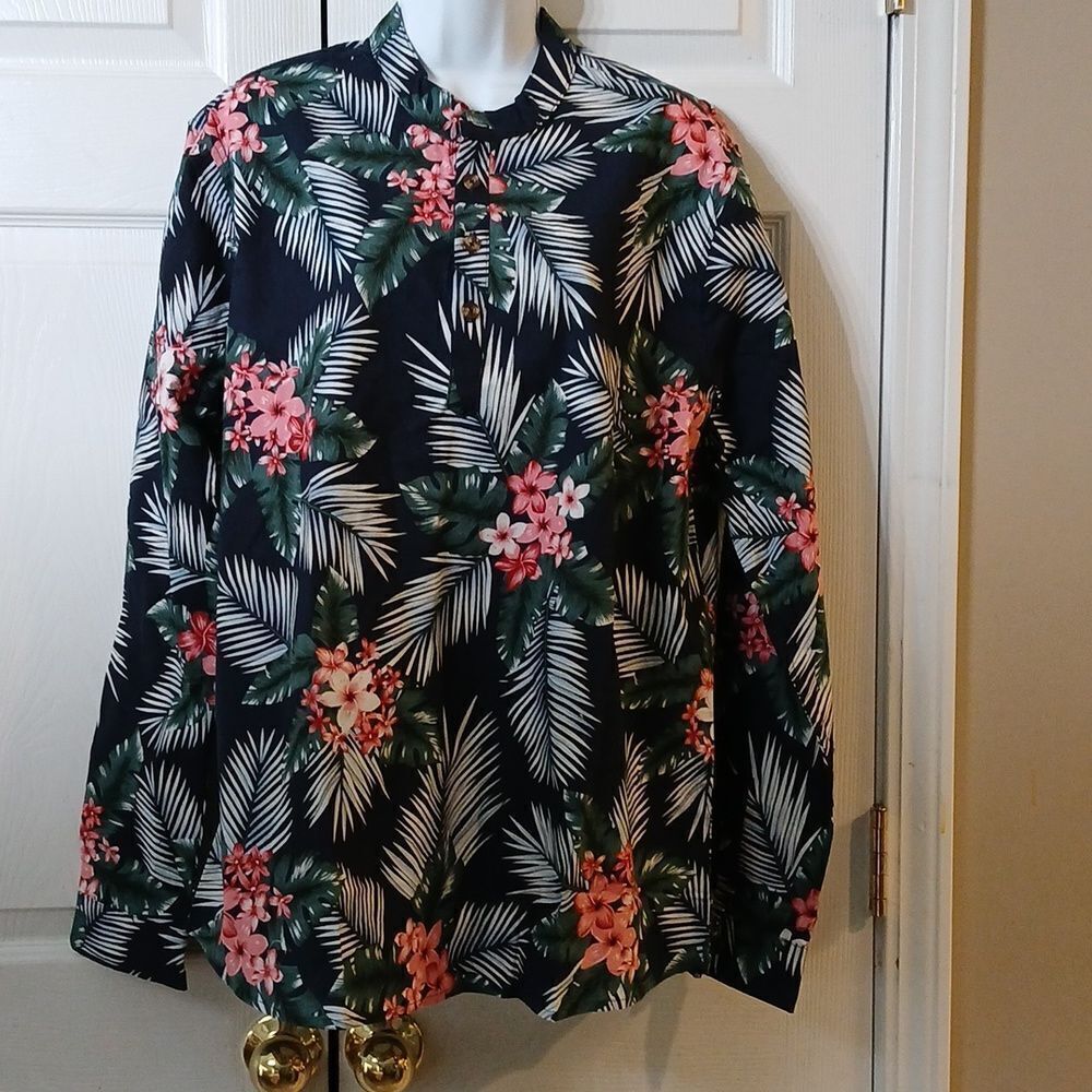 Sail Wind floral tropical cruise button linen blend long sleeve top  Sz L NWT